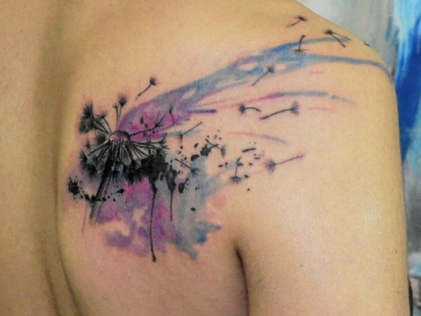 Watercolor Dandelion Blowing From Puff Tattoo On Right Back Shoulder For Men