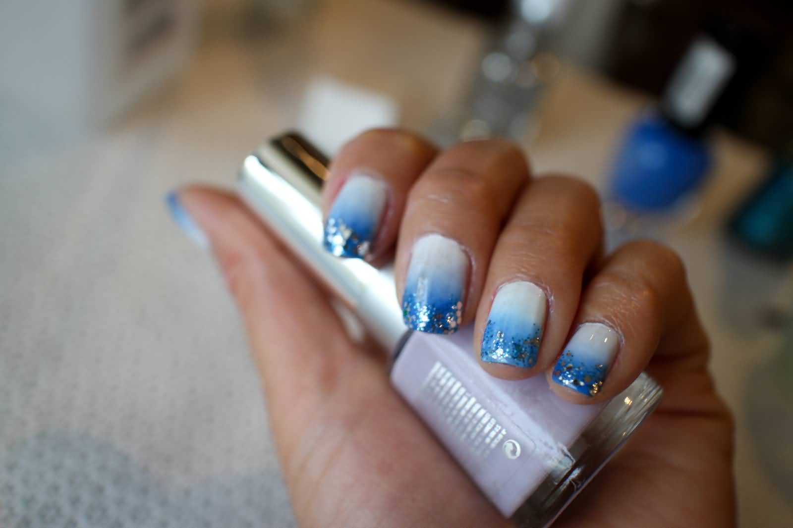 White And Blue Glitter Ombre Nail Art