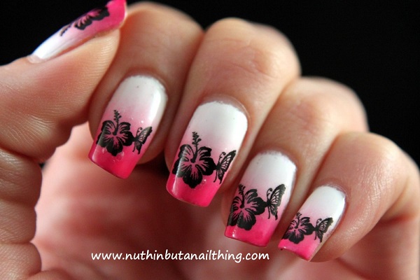 White And Pink Floral Ombre Nail Art
