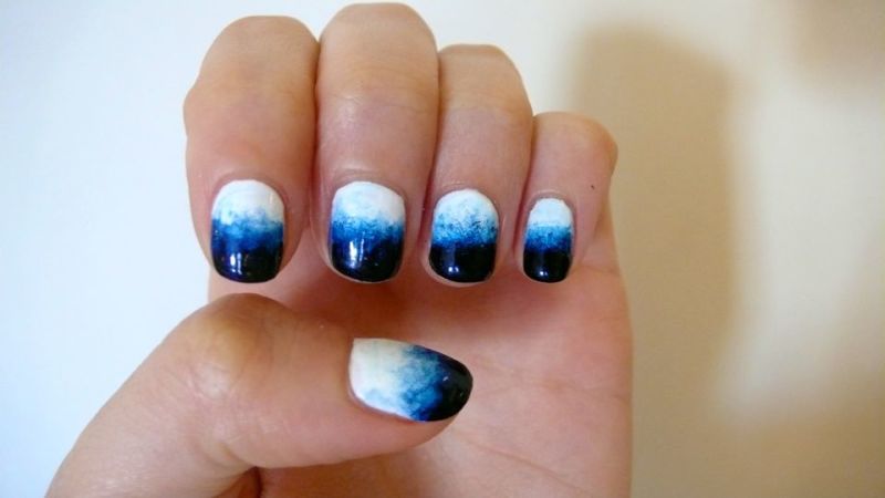 White Blue And Black Ombre Nail Art Design For Short Nails