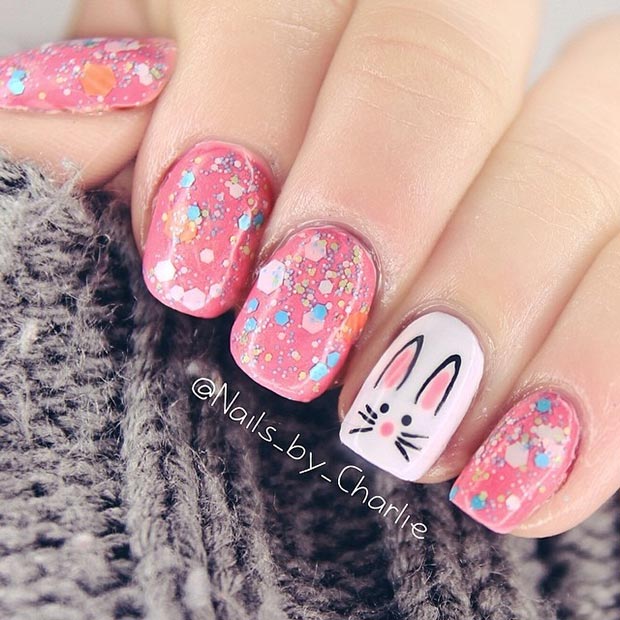 White Bunny Face Accent Nail Art