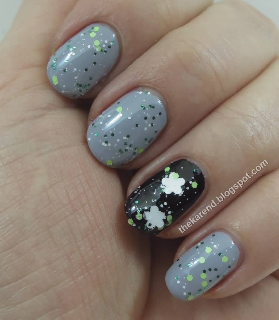 White Flowers On Black Nail Accent Nail Art