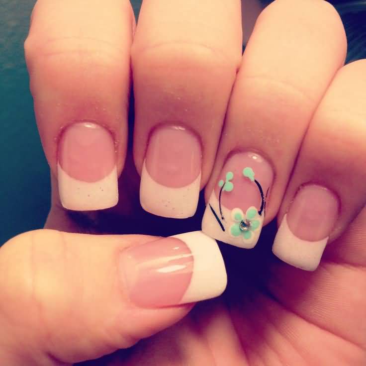 White French Tip Nails With Blue Flower Accent Nail Art