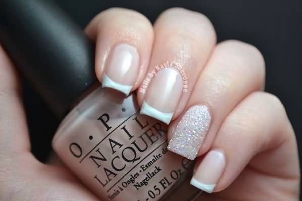 White French Tip Nails With Glitter Accent Nail