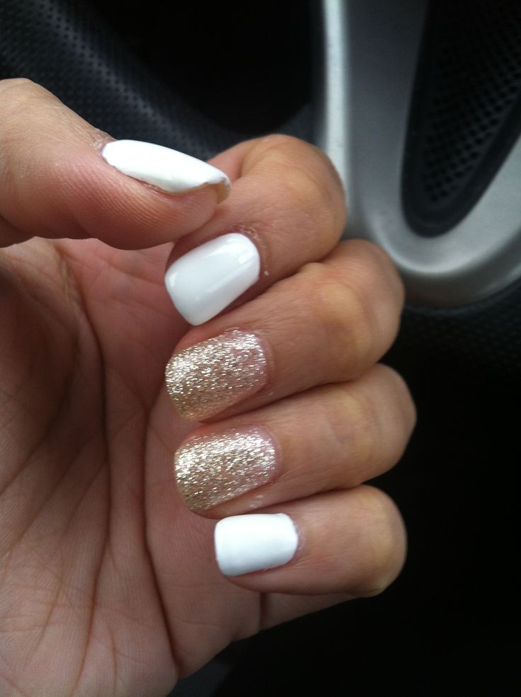 White Nails With Gold Glitter Accent Nails