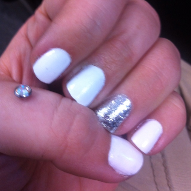 White Nails With Silver Glitter Accent Nail Art