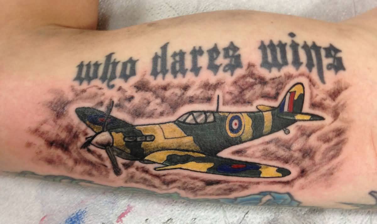 Who Dares Wins Spitfire Tattoo On Muscles