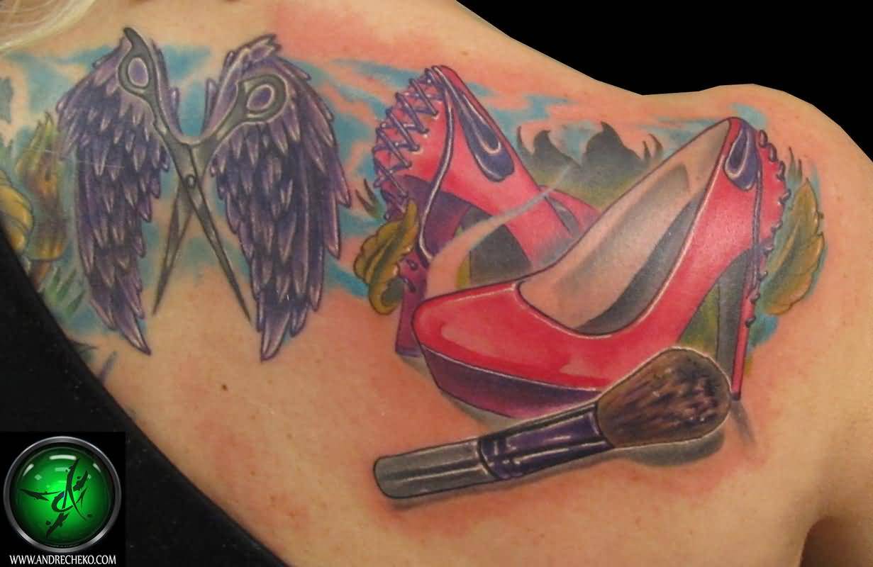 Winged Scissor And Shoes Tattoo On Right Back Shoulder