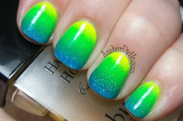 Yellow, Green And Blue Neon Ombre Nail Art