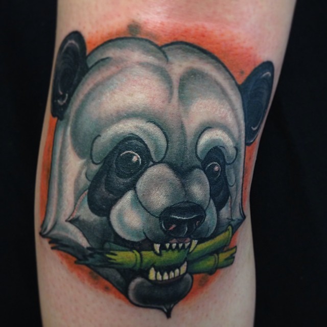 3D Panda Head Eating Bamboo Tattoo On Arm