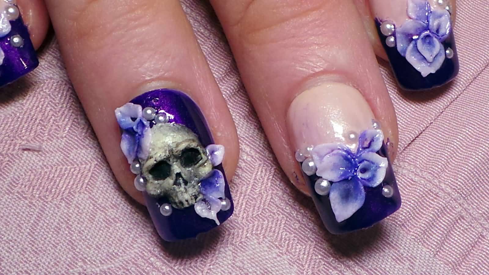 3d Skull And Flowers Nail Art Design Idea