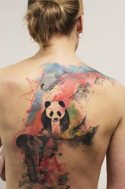 Abstract Animals With Panda Watercolor Tattoo On Back