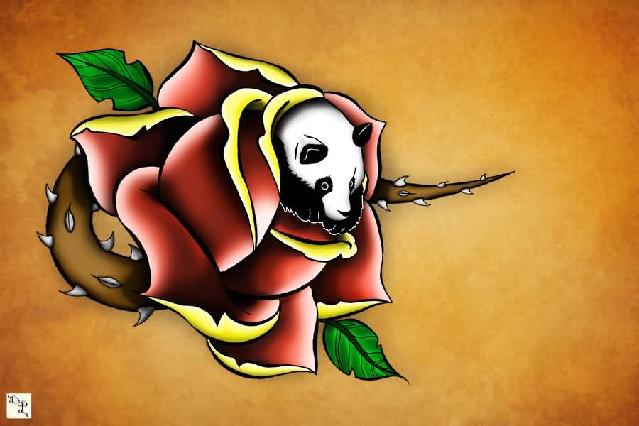 Amazing 3D Panda In Red Rose Tattoo Design