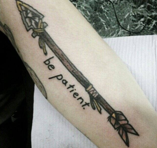 Amazing Arrow With Be Patient Tattoo