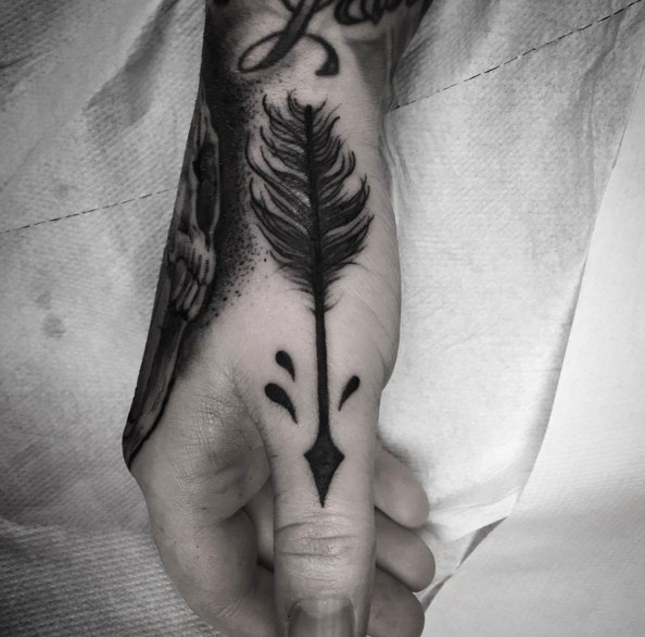Amazing Black Feather Arrow Tattoo On Hand
