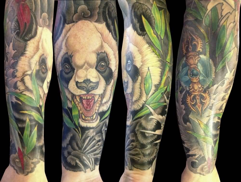 Amazing Colorful Angry Panda With Bamboos And Sword Tattoo On Arm Sleeve