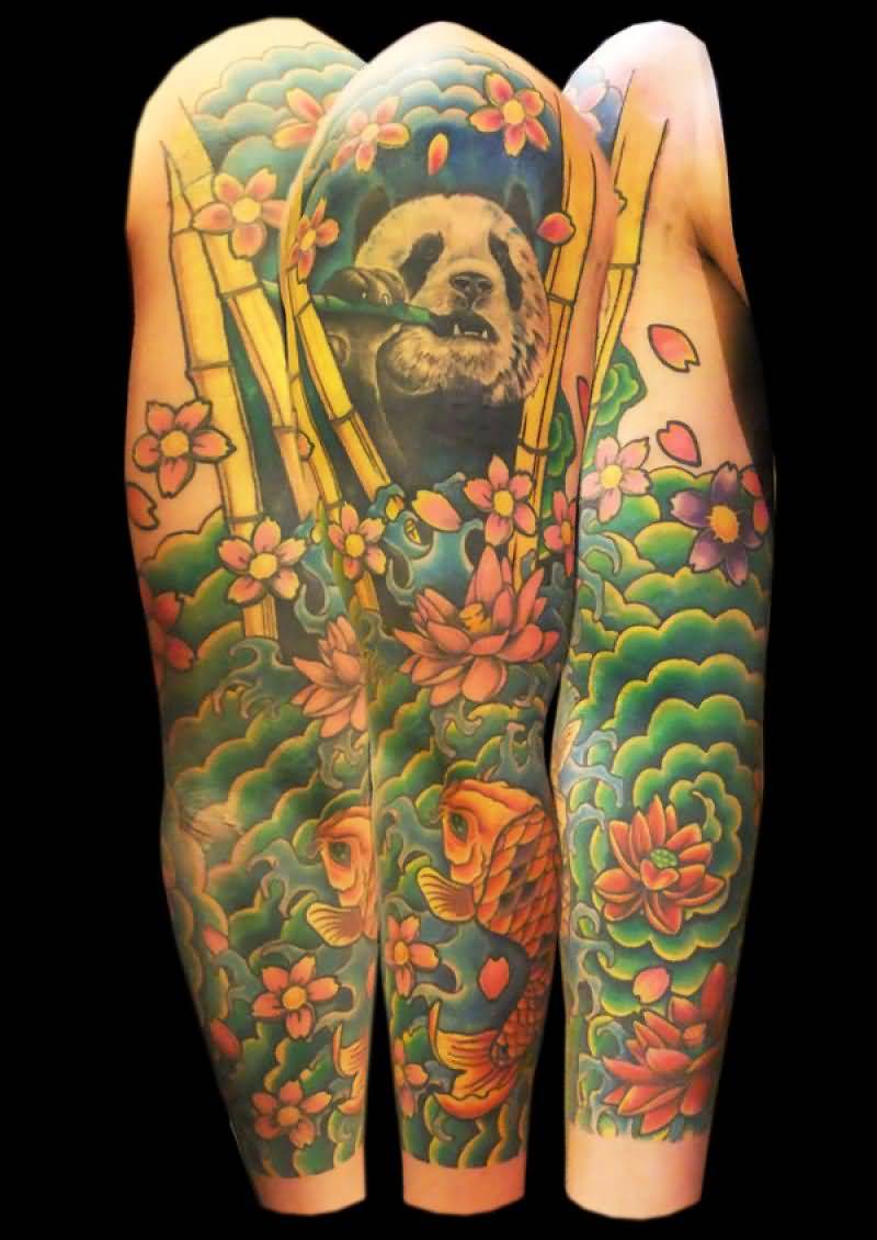 Amazing Colorful Panda With Flowers And Bamboos Tattoo On Sleeve