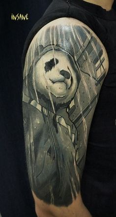 Amazing Grey Panda Tattoo On Half Sleeve For Men
