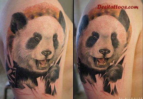 Amazing Happy Panda Tattoo On Half Sleeve