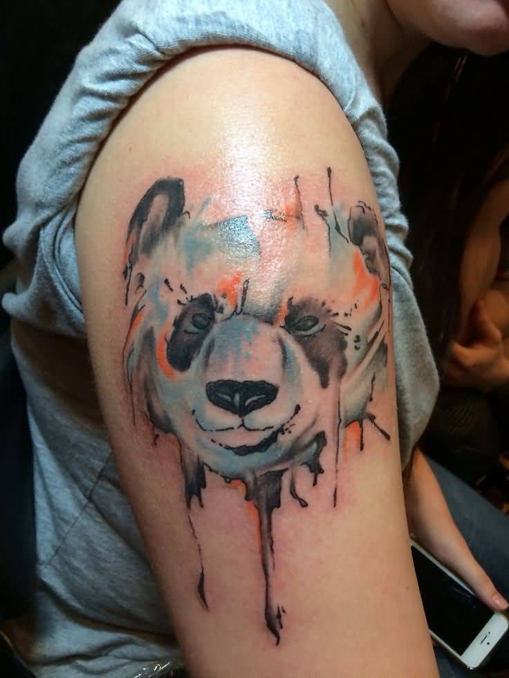 Amazing Panda Face Watercolor Tattoo On Right Half Sleeve