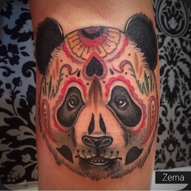 Amazing Panda Sugar Skull Tattoo On Arm Sleeve
