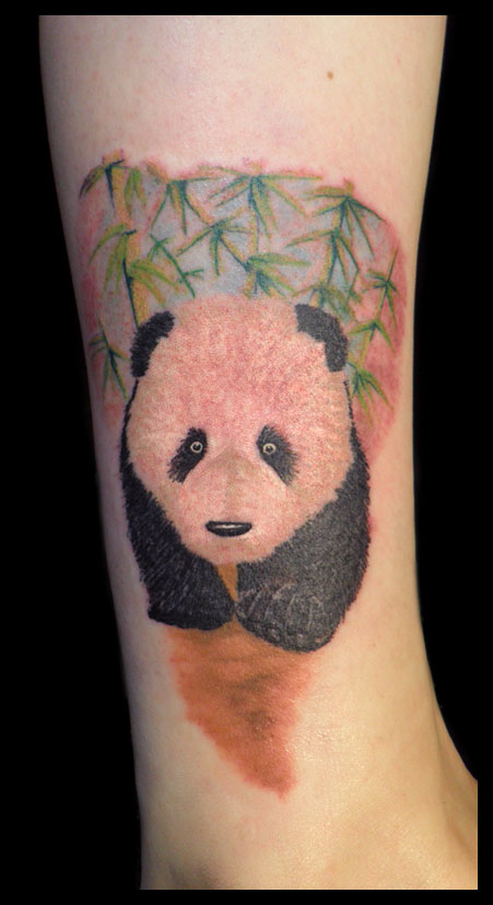 Amazing Realistic Walking Panda- Bear With Bamboos Tattoo On Leg