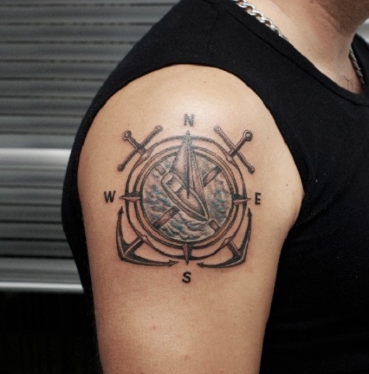 Anchors And Compass Tattoo On Right Shoulder