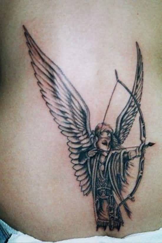Angel In Grey Ink With Bow And Arrow Tattoo On Rib