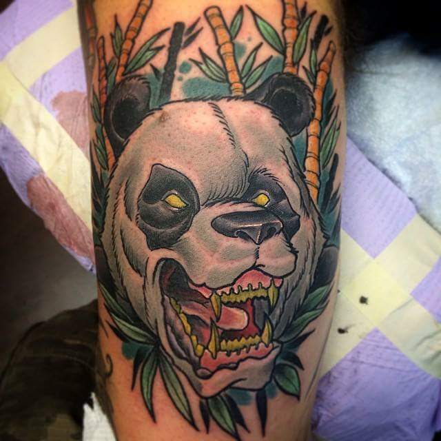 Angry Panda Face Roaring With Bamboos Tattoo