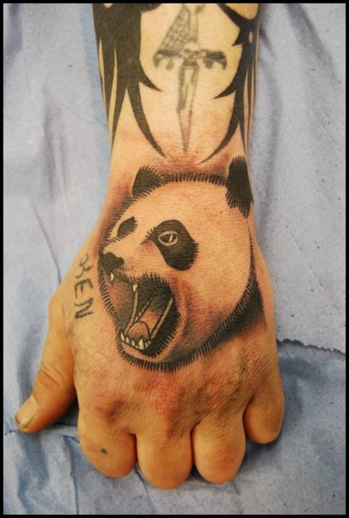 Angry Panda Head Tattoo On Hand For Men