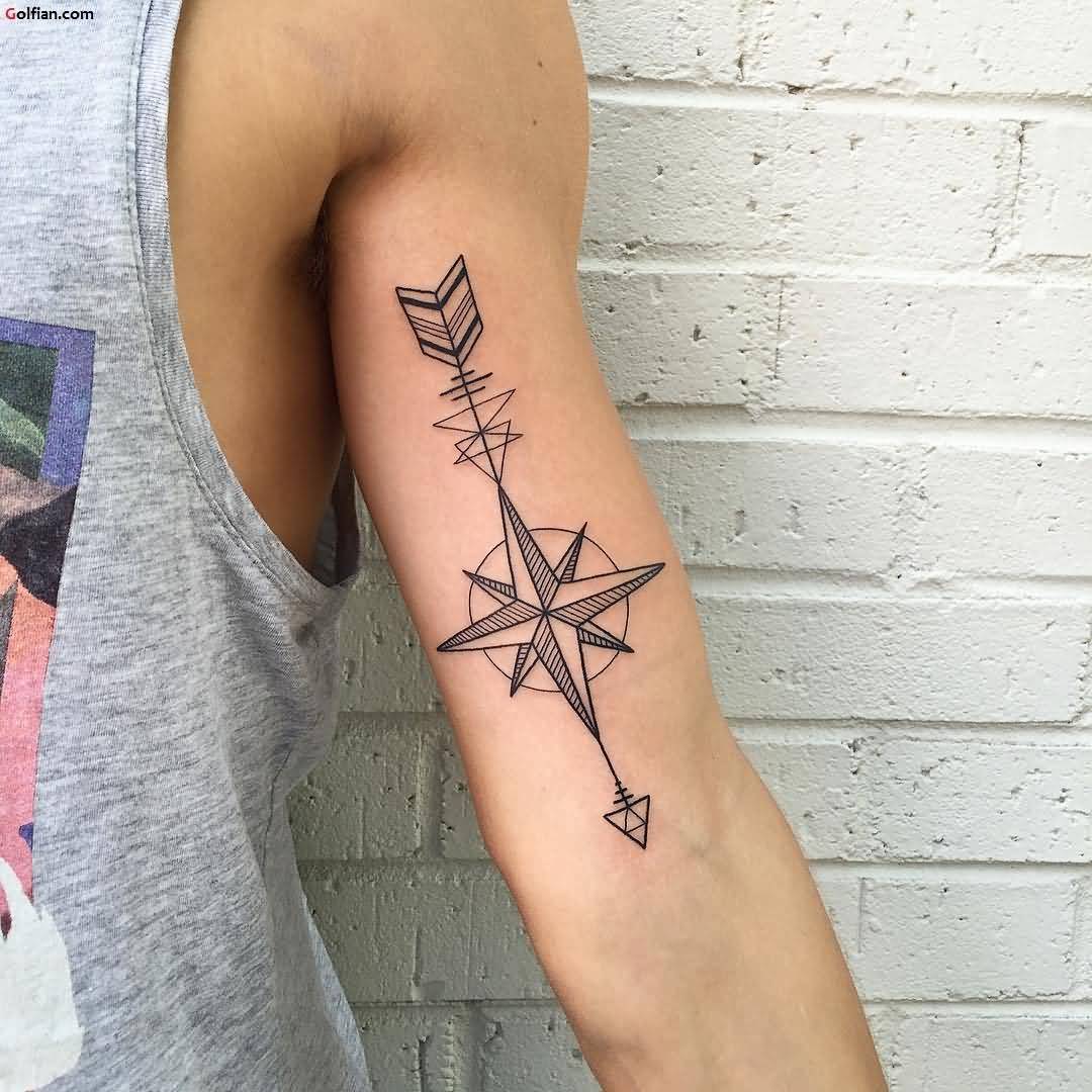 Arrow And Compass Tattoo On Biceps