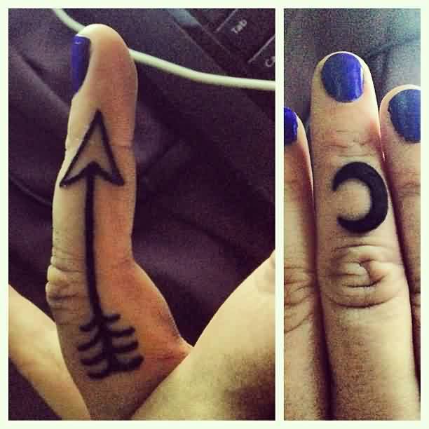 Arrow And Half Moon Tattoo On Finger