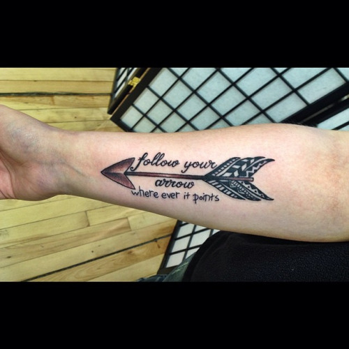 Arrow In Beautiful Design With Quote Tattoo On Forearm
