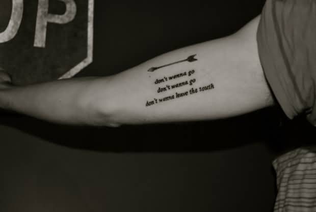 Arrow With Quote Tattoo On Bicep