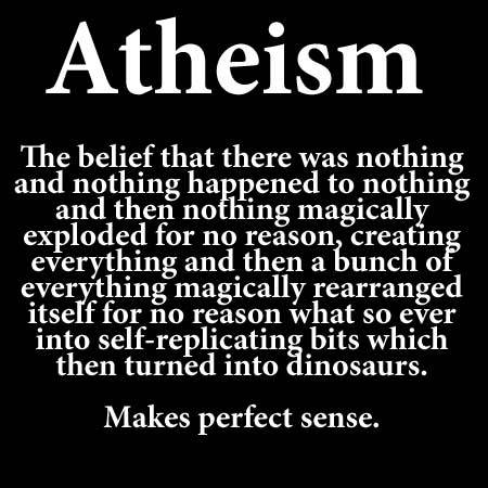 Atheism: The belief that there was nothing and nothing happened to nothing and then nothing magically exploded for no reason, creating everything and then a bunch of everything magically rearranged itself for no reason what so ever into self-replicating bits which then turned into dinosaurs. Makes perfect sense to me!!