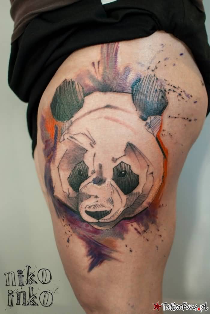 Attractive Panda Face Watercolor Tattoo On Thigh