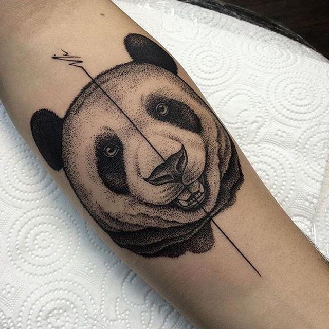 Awesome Panda Face With A Line Tattoo On Forearm