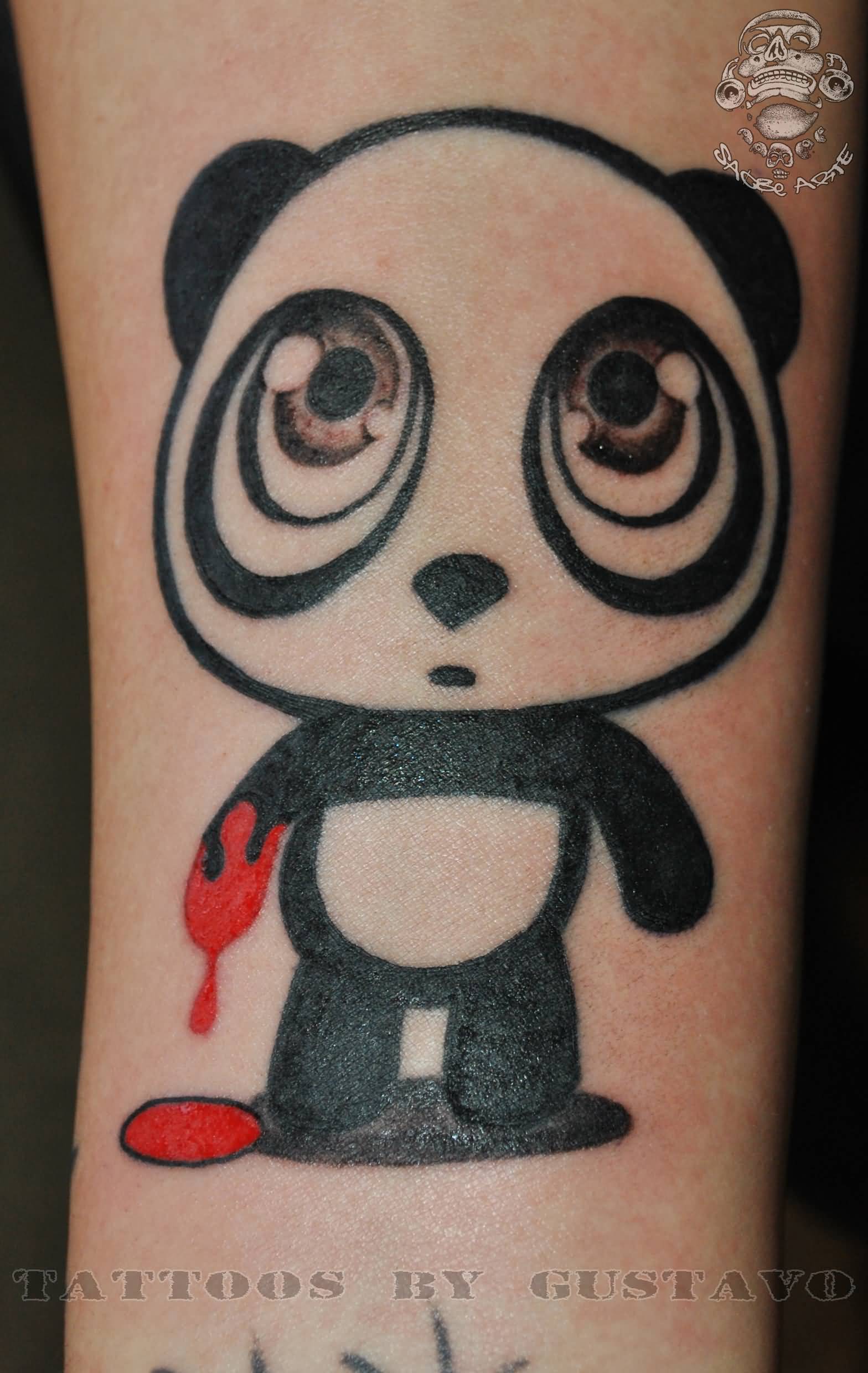 Baby Panda Shocked And Blood On Hand Tattoo