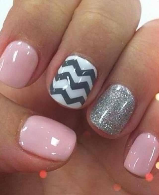 Baby Pink And Black Accent Chevron Nail Art