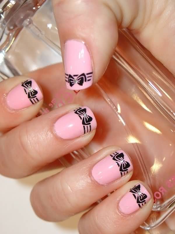 Baby Pink Nails With Black Simple Bow Nail Art