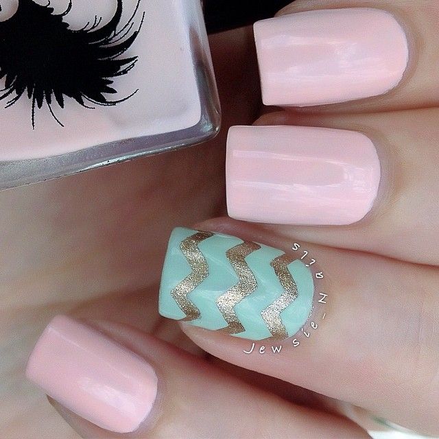 Baby Pink Nails With Mint And Gold Accent Chevron Nail Art