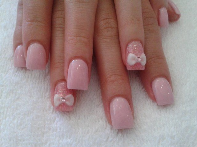 Baby Pink Nails With White 3d Bow Nail Art