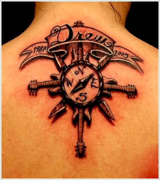 Banner And Compass Tattoo On Man Upper Back
