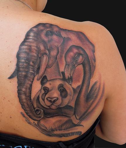 Beautiful Elephant With Panda And Flamingo Tattoo On Right Side Of Back
