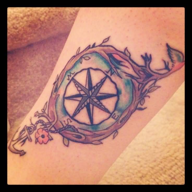 Beautiful Feminine Compass Tattoo On Leg