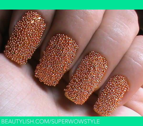 Beautiful Golden Caviar Nail Design Idea