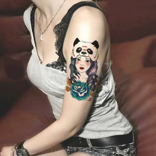 Beautiful Panda Head Girl Tattoo On Left Shoulder
