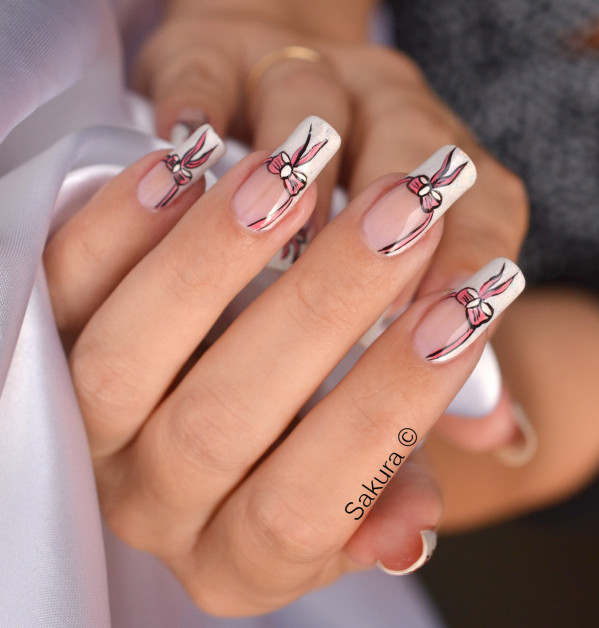 Beautiful Pink Bows With White French Tip Nails