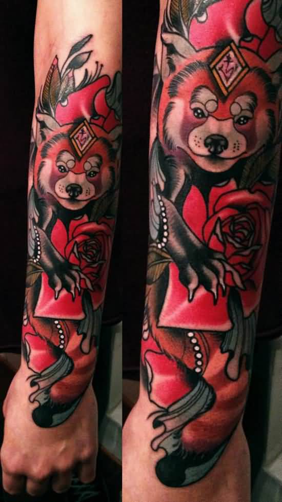 Beautiful Red Panda Tattoo On Arm Sleeve