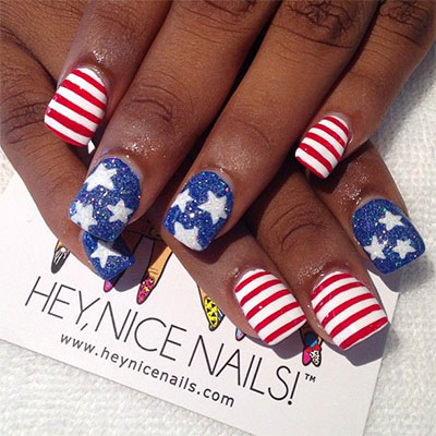 Beautiful Striped And Stars Fourth Of July Nail Art Design